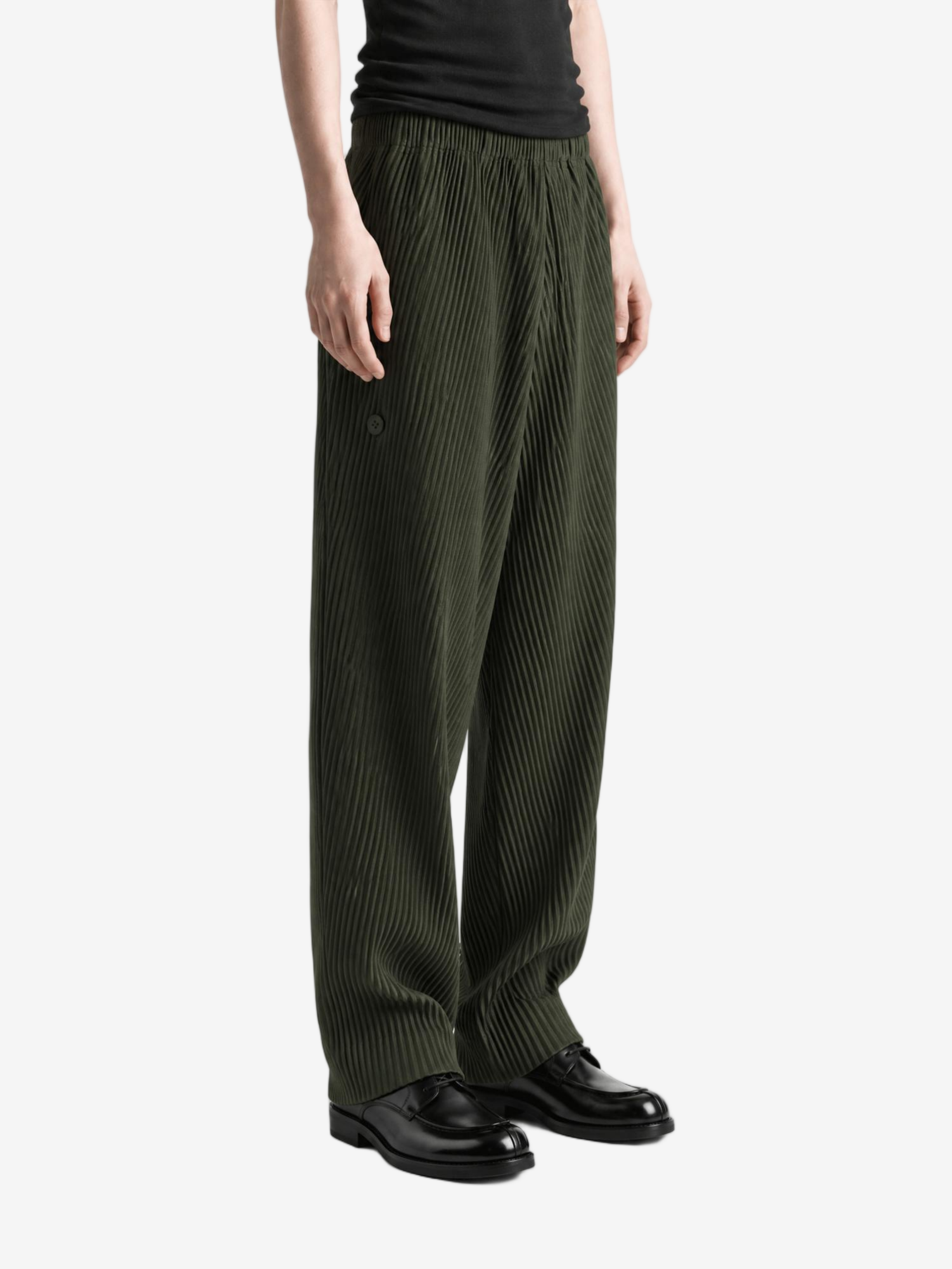 Green pants, full body view