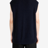 Navy knitwear worn by a person, showing the knitwear fit