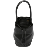 Close up of black bag, showing texture of the calf leather fabric