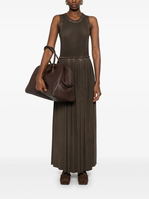 Brown sleeveless dress, full body view