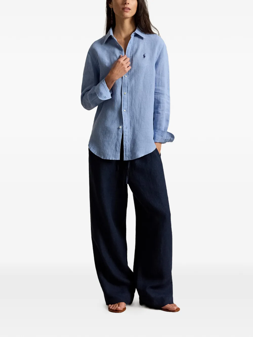 Blue shirt, full body view