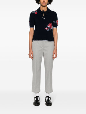 THOM BROWNE - Women Brushed Rose Jersey Intarsia Keyhole Polo In Merino Wool