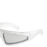 Close up of grey glasses, showing texture of the nylon fabric