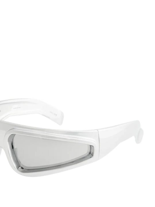 Close up of grey glasses, showing texture of the nylon fabric