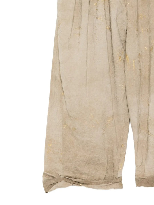 Close up of Tan pants, showing texture of the 100% linen fabric
