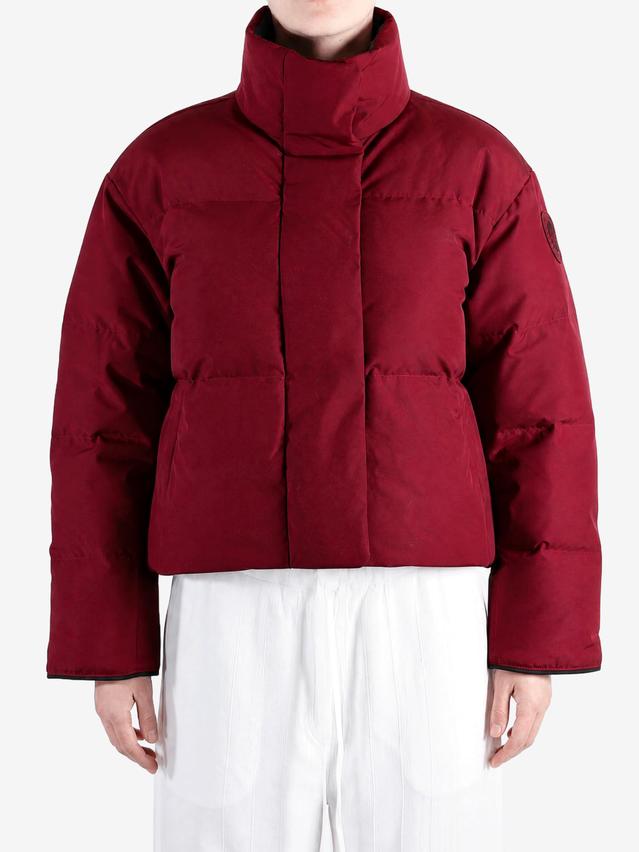 Burgundy jacket worn by a person, showing the jacket fit