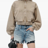 Tan hoodie, full body view