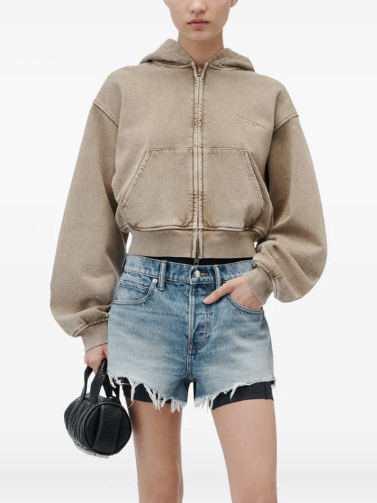 Tan hoodie, full body view