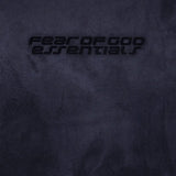 Close up of blue hoodie, showing texture of the fabric