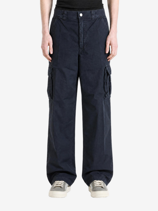 Navy pants, full body view