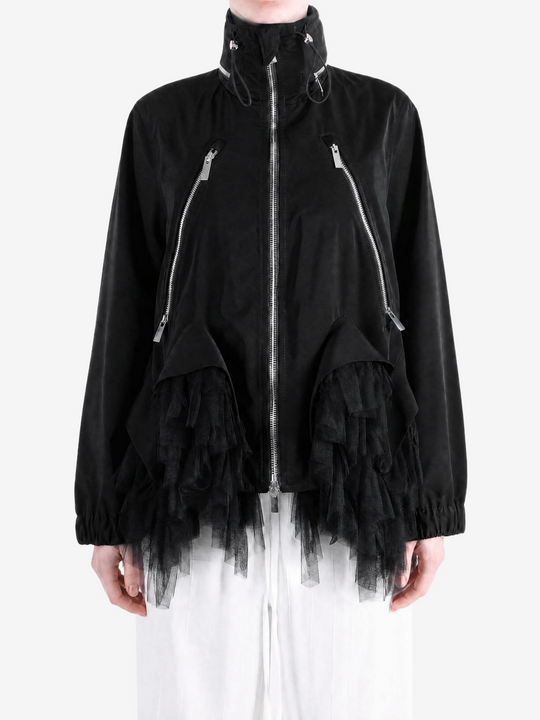 Black jacket worn by a person, showing the jacket fit