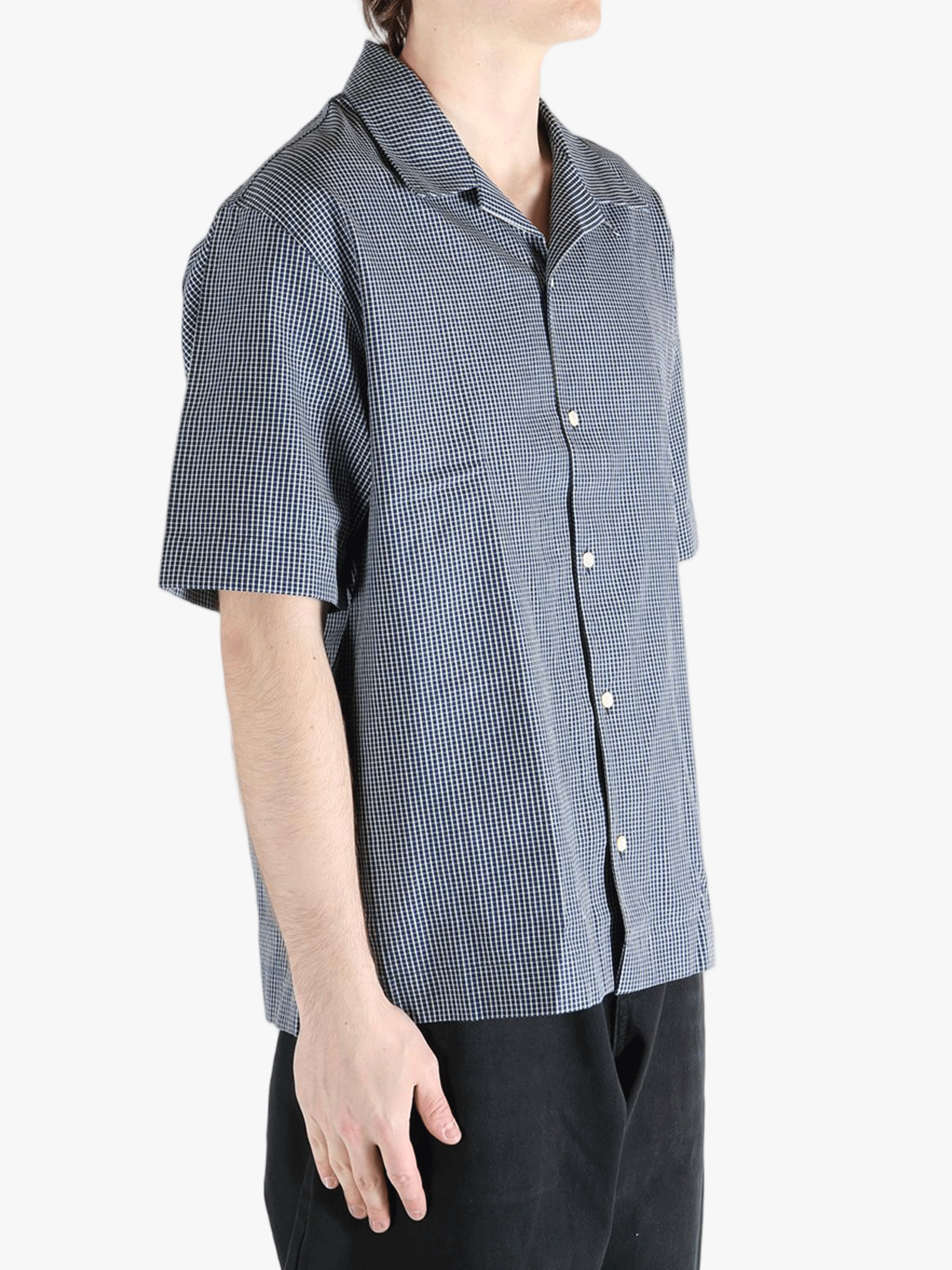 Blue checkered shirt worn by a person, showing the shirt's fit