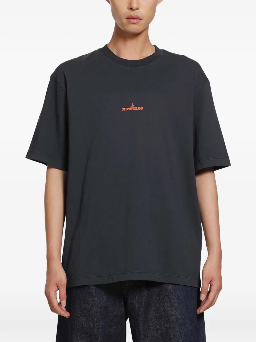 Navy t-shirt, full body view