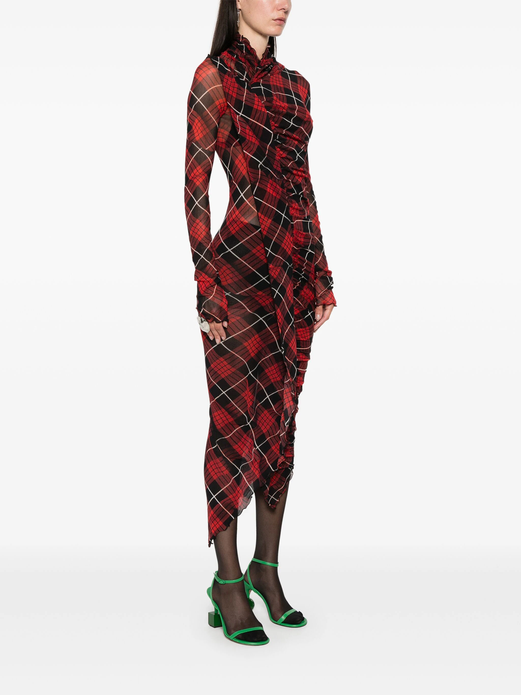 JEAN PAUL GAULTIER - Women Printed "Distorted Tartan" Mesh Draped Long Dress