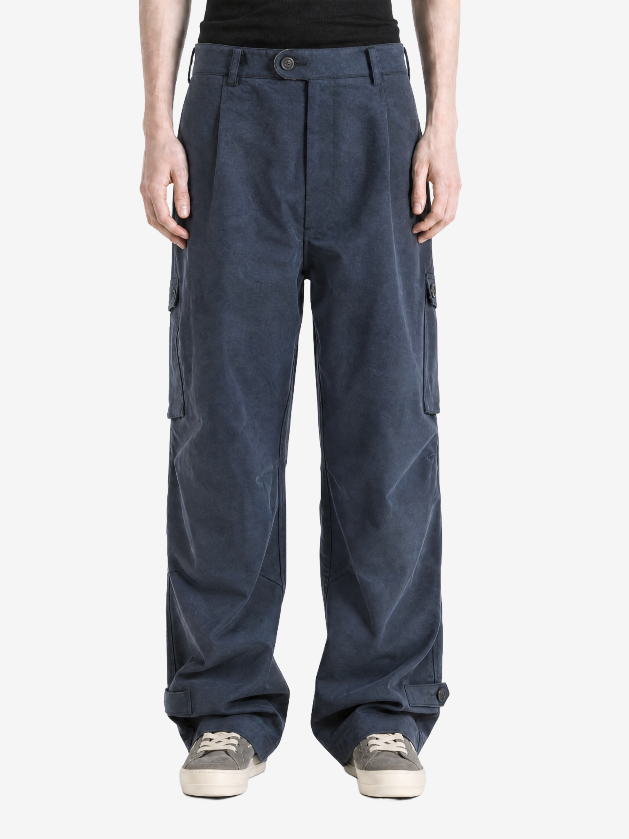 Navy pants, full body view