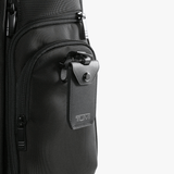 Close up of black backpack, showing texture of the nylon fabric