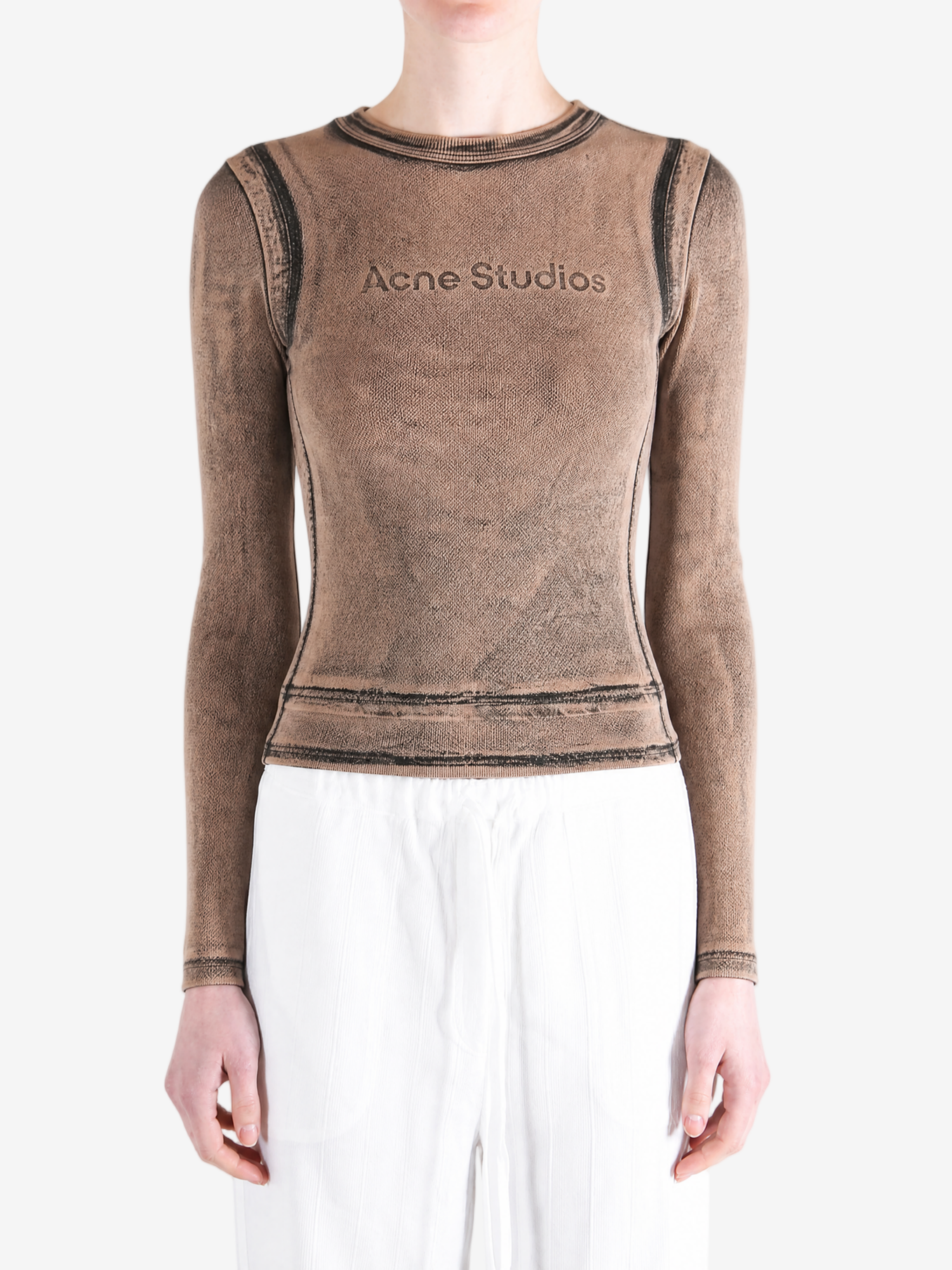Brown t-shirt worn by a person, showing the t-shirt fit