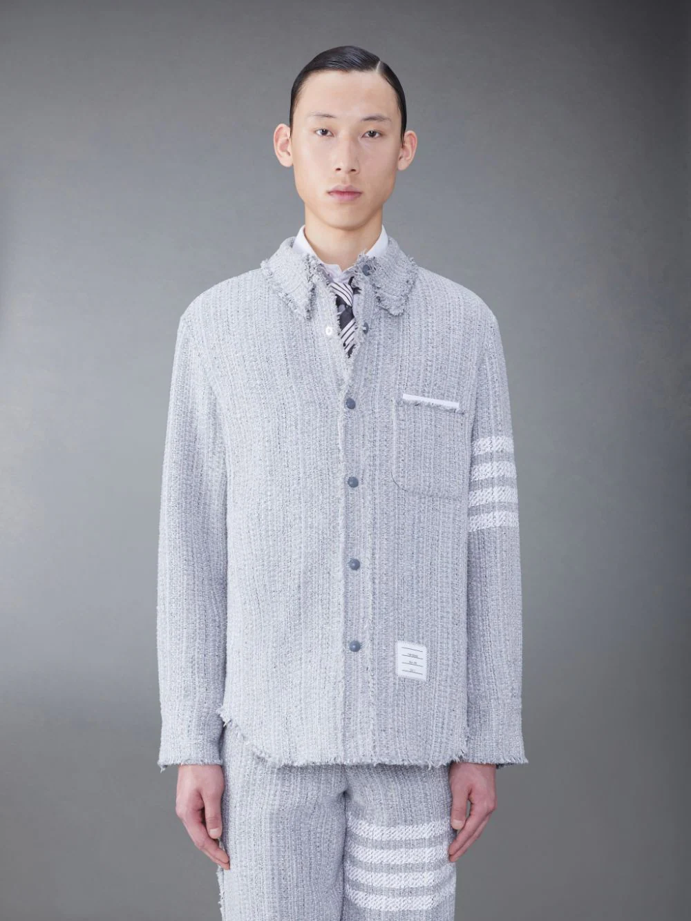 THOM BROWNE Men  Snap Front Shirt jacket W/ Fray Edge In Woven 4 Bar Solid Cotton Tweed