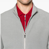 Close up of the grey jacket, showing texture of the cotton fabric