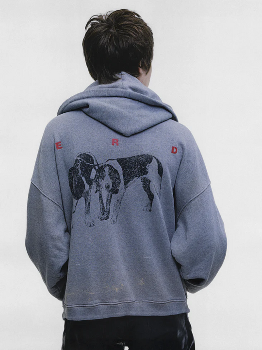 Grey hoodie, full body view