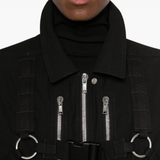 Close up of Black jacket, showing texture of the cotton fabric
