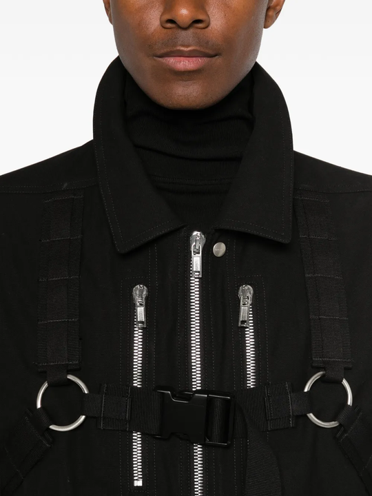 Close up of Black jacket, showing texture of the cotton fabric