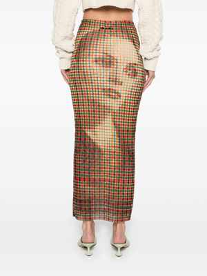 JEAN PAUL GAULTIER - Women Printed "Tartan Face" Mesh Long Skirt