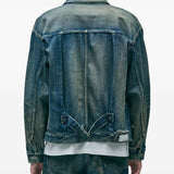 Blue jacket, worn by a person, showing the jacket's fit