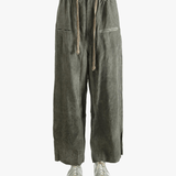 Green wide-leg pants worn by a person, showing the pants fit