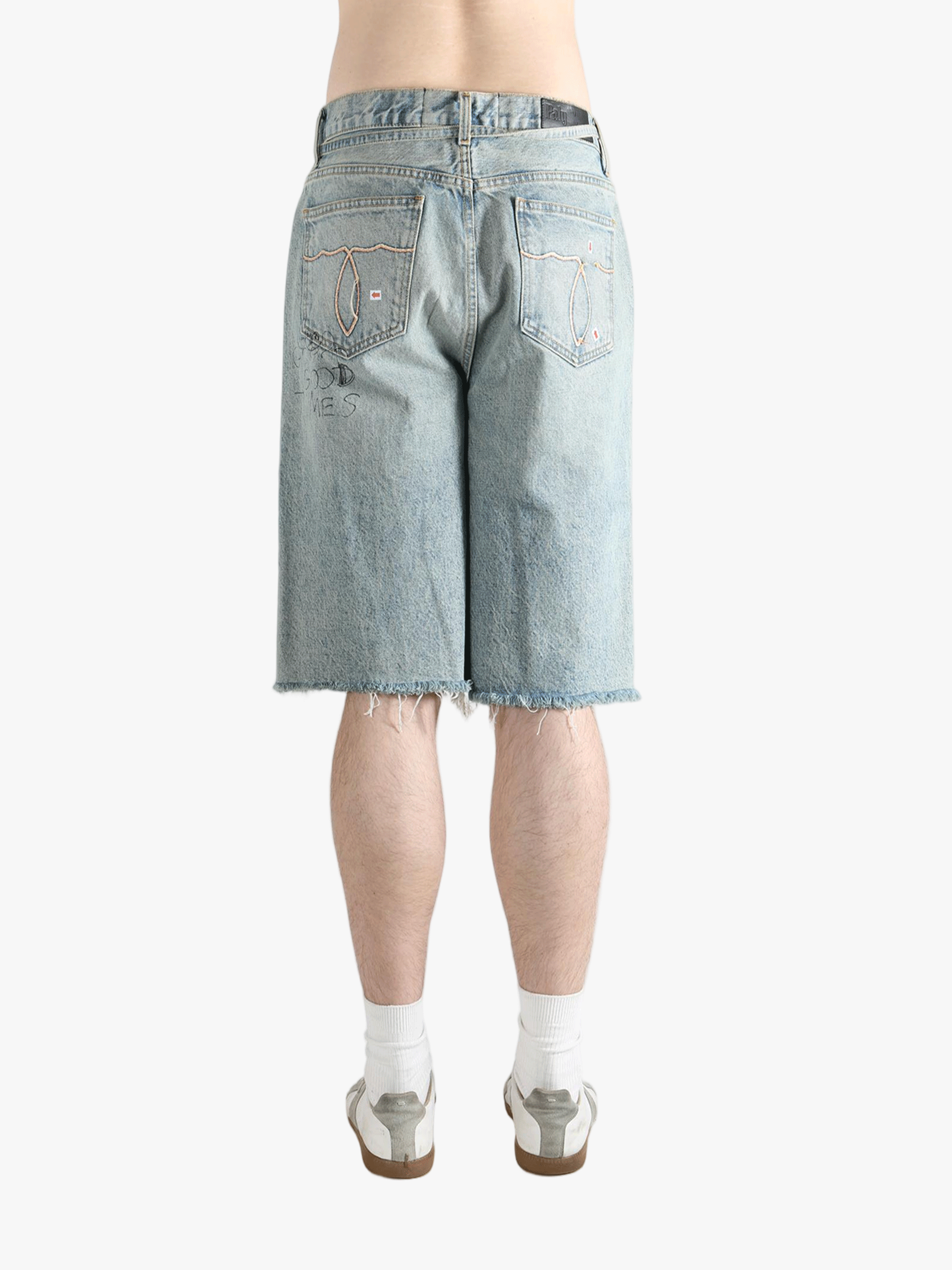Blue shorts, back view