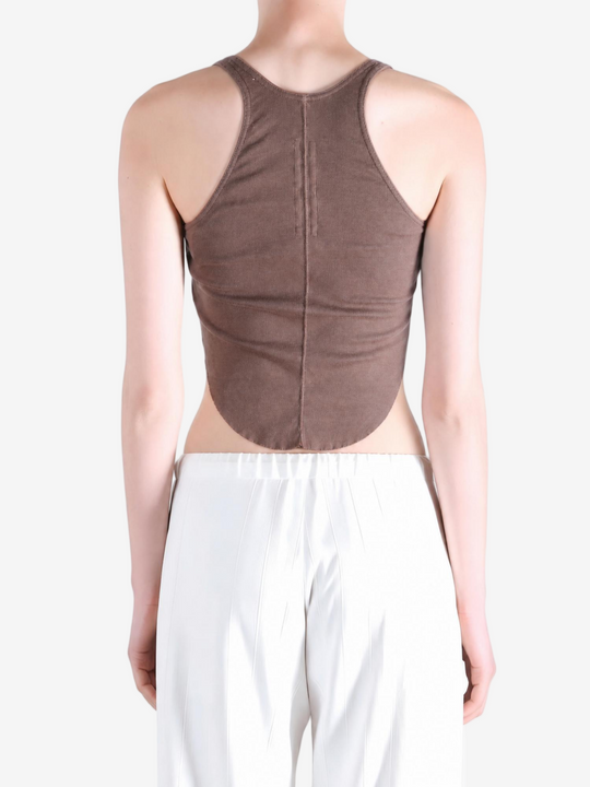 Brown top worn by a person, showing the top fit