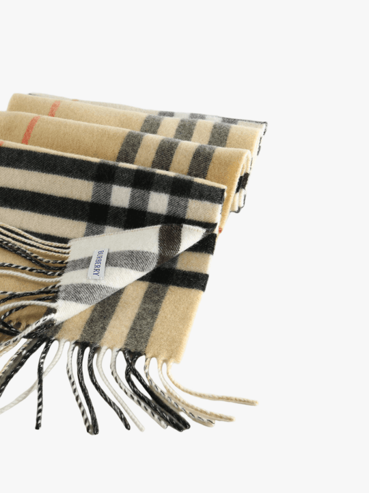 Close up of the tan scarf, showing texture of the cashmere fabric