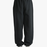 Black sweatpants worn by a person, showing the sweatpants fit