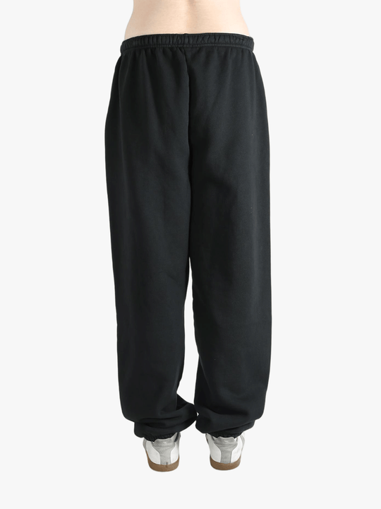 Black sweatpants worn by a person, showing the sweatpants fit