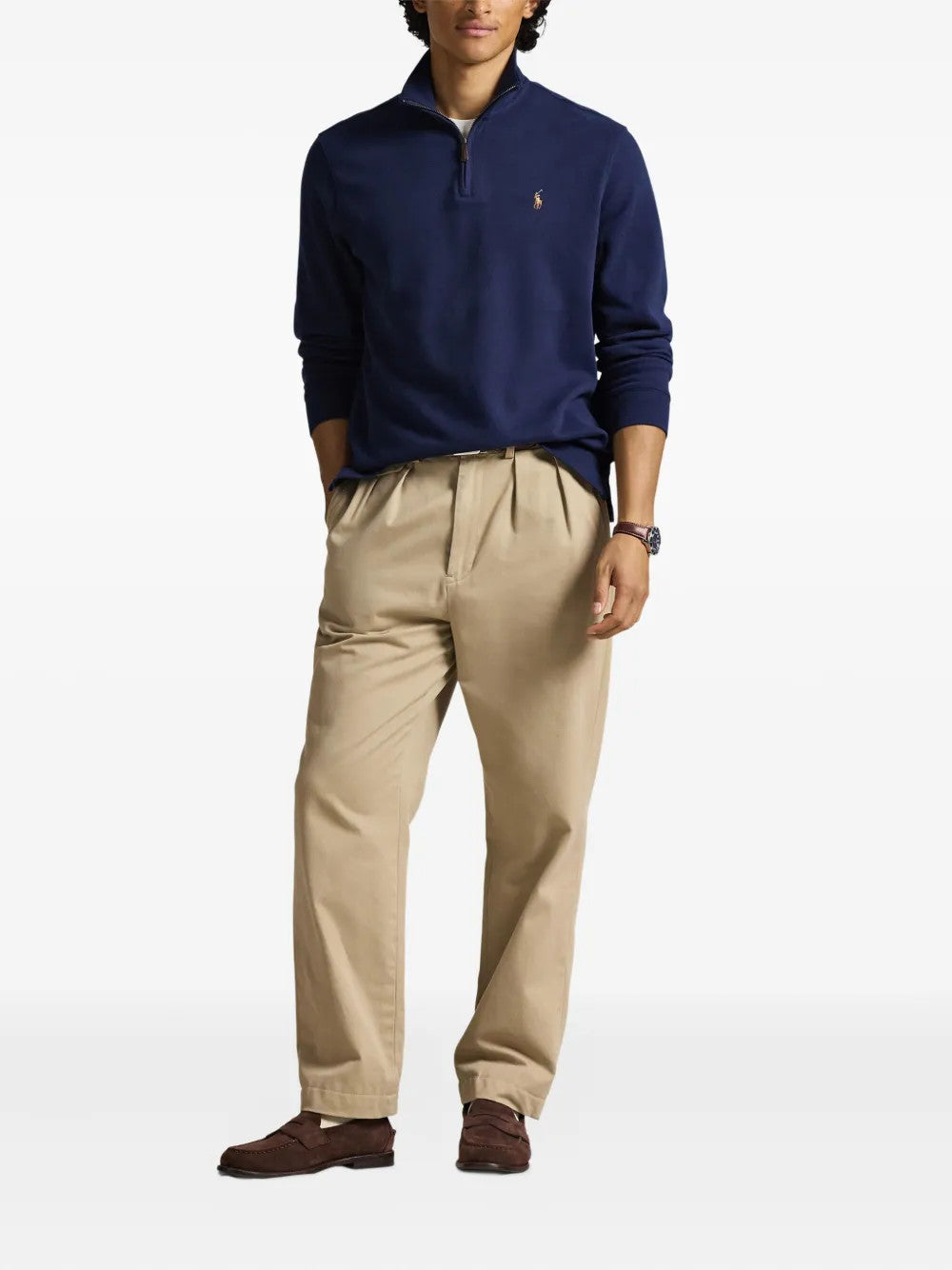 Navy knitwear, full body view
