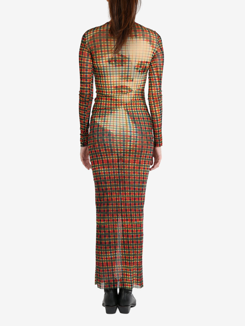 JEAN PAUL GAULTIER - Women Printed "Tartan Face" Mesh Long Dress