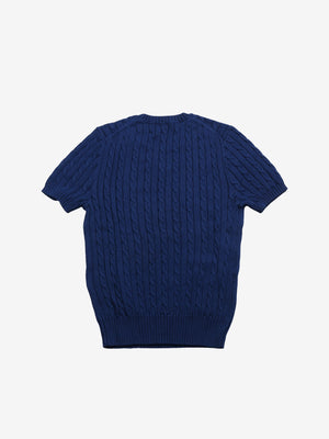 Blue Sweater, back view showing hair braid fabric structure