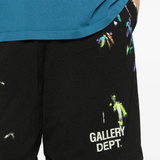 Close up of black shorts, showing texture of the polyester fabric