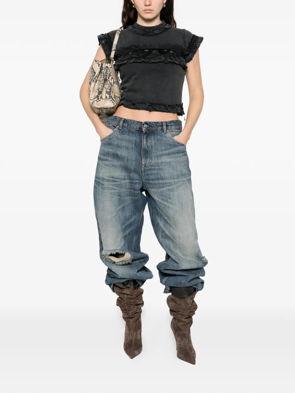 Black t-shirts, full body view