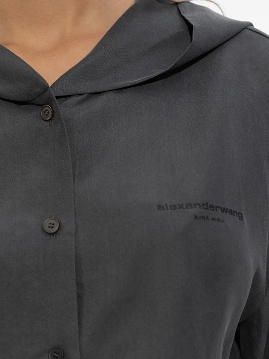 Close up of grey hoodie, showing texture of the Silk fabric