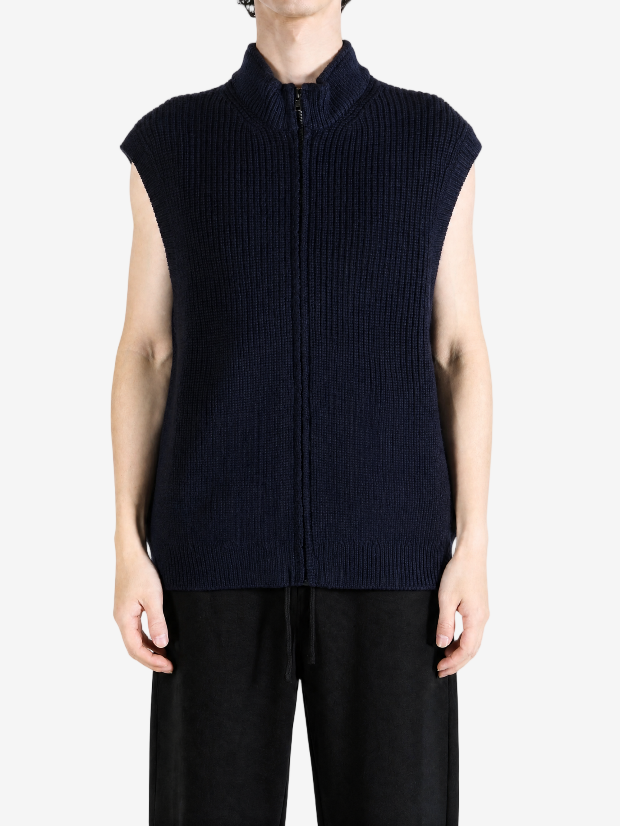 Navy knitwear, full body view