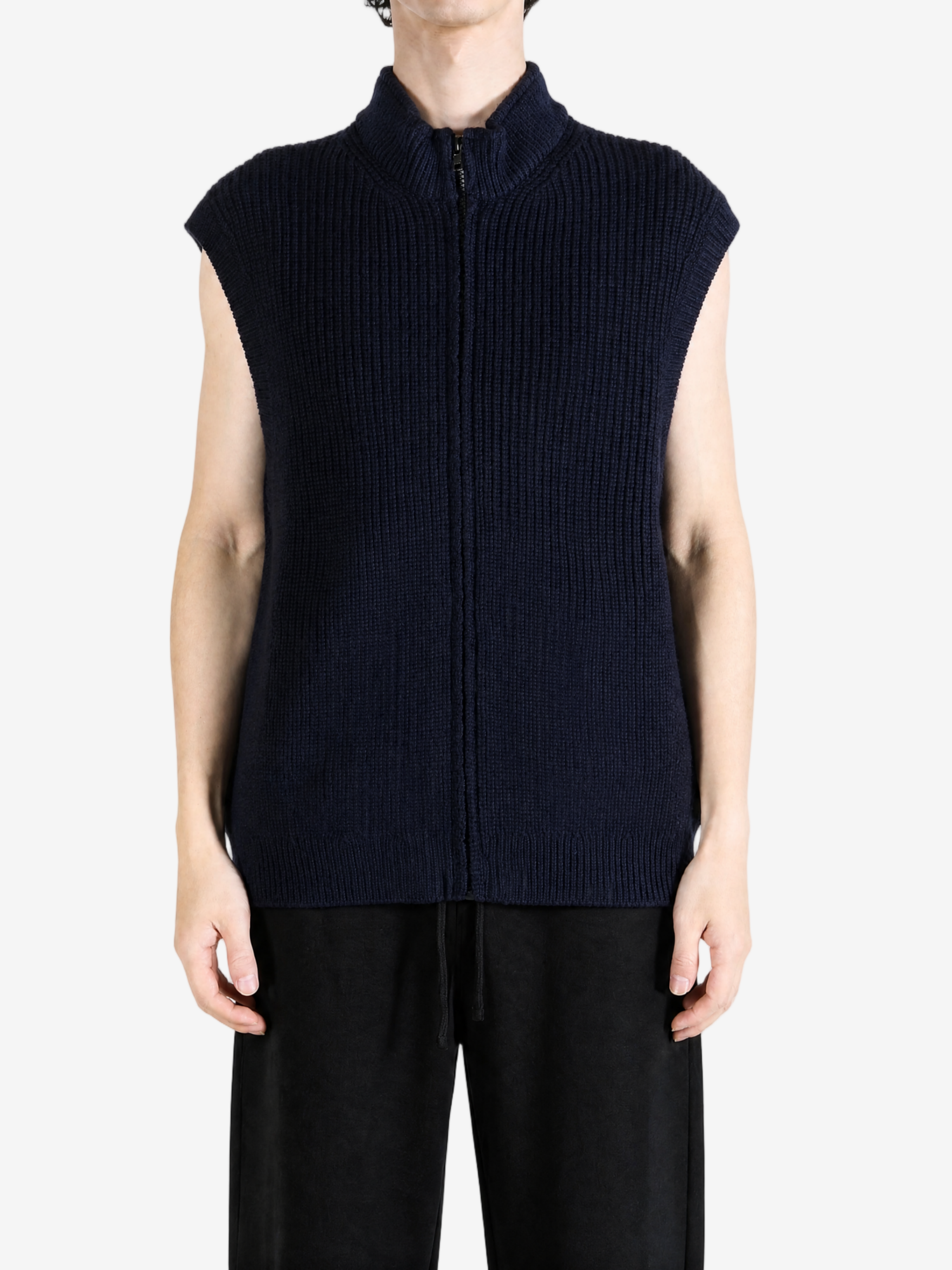 Navy knitwear, full body view