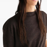 Brown knitwear worn by a person, showing the knitwear fit