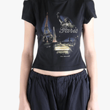 Black t-shirt worn by a person, showing the t-shirt's fit