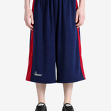 Navy pants, full body view