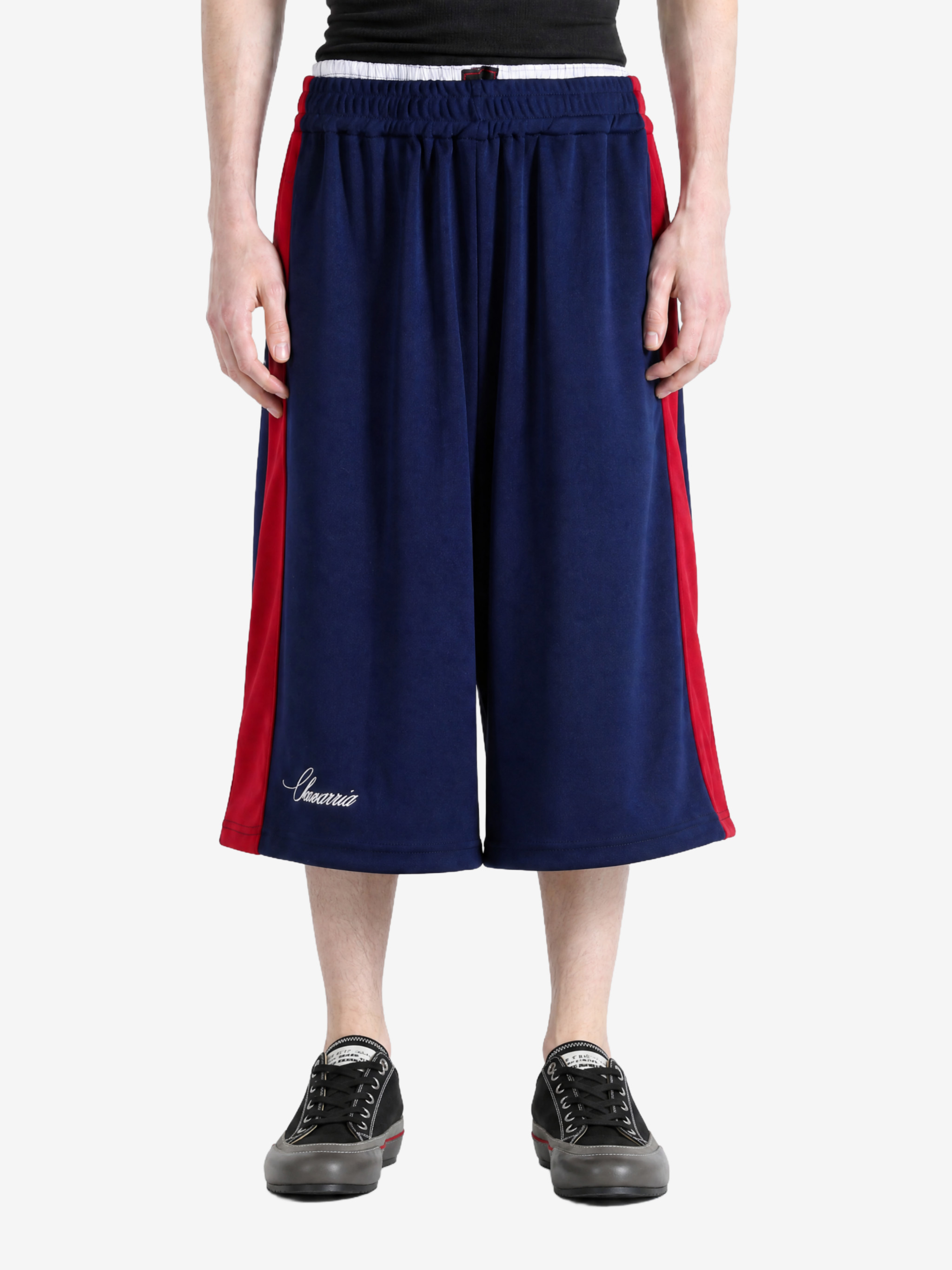 Navy pants, full body view