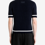 Navy top, full body view