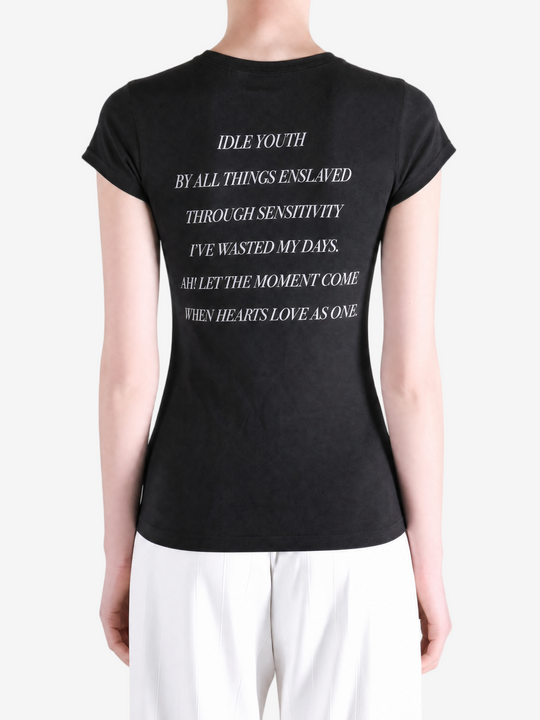 Black t-shirt worn by a person, showing the t-shirt fit