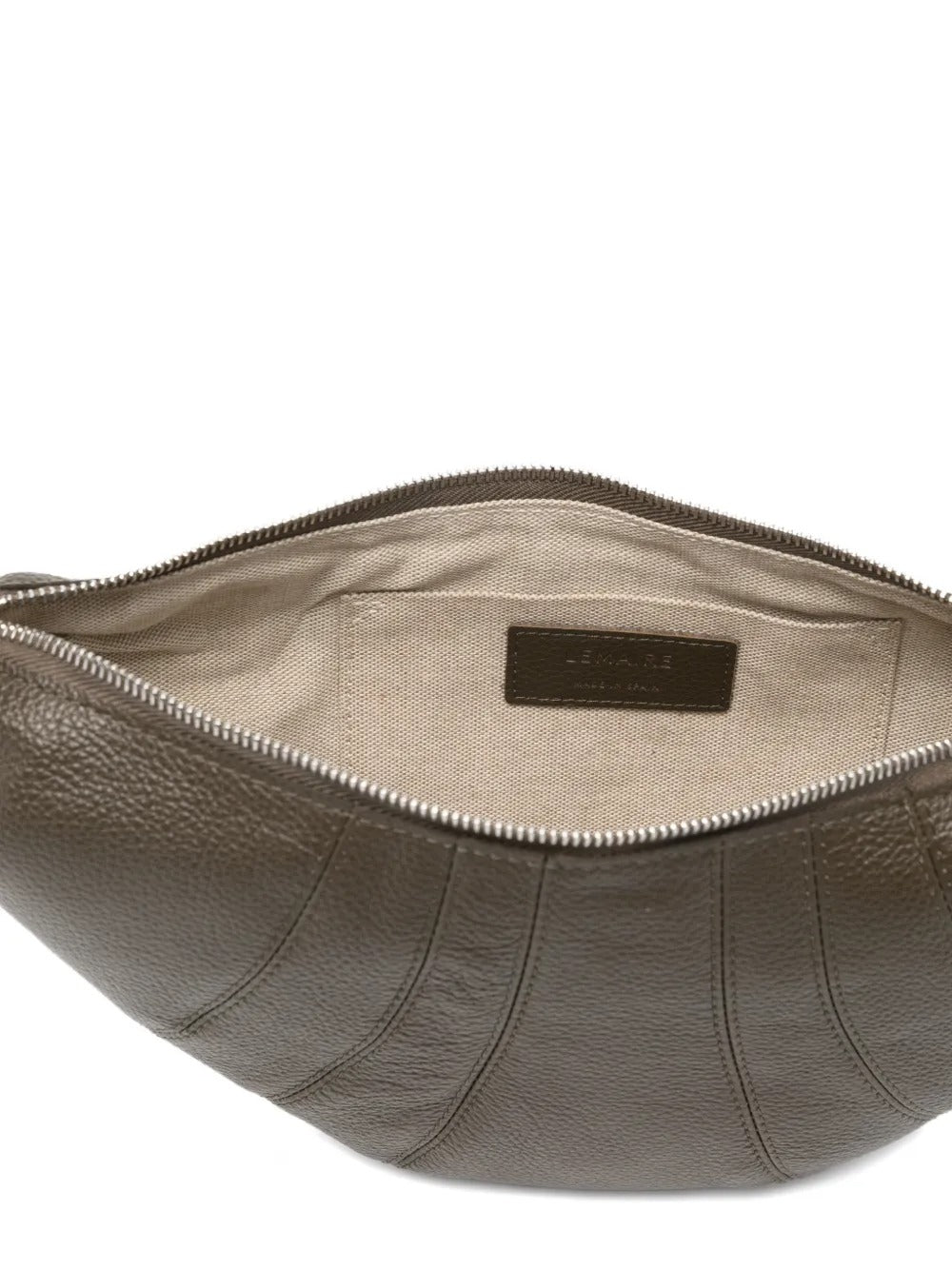 Close up of green bag,showing texture of the calf leather fabric