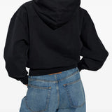 Black hoodie worn by a person, showing the hoodie's fit